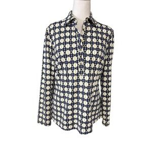 J McLaughlin Shirt Womens Medium Blue Geometric Print Long Sleeve Jersey Polo